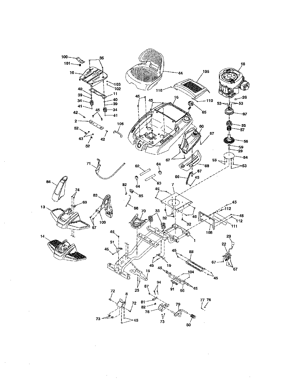 Chassis Diagram and Parts List for 96026000100  Weed Eater Lawn Mower